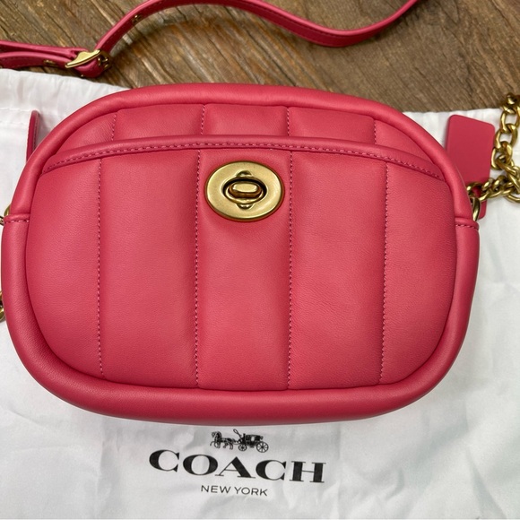 New ~ Coach Small Camera Bag With Quilting Watermelon Brass  Soft Calf Leather - Picture 2 of 9